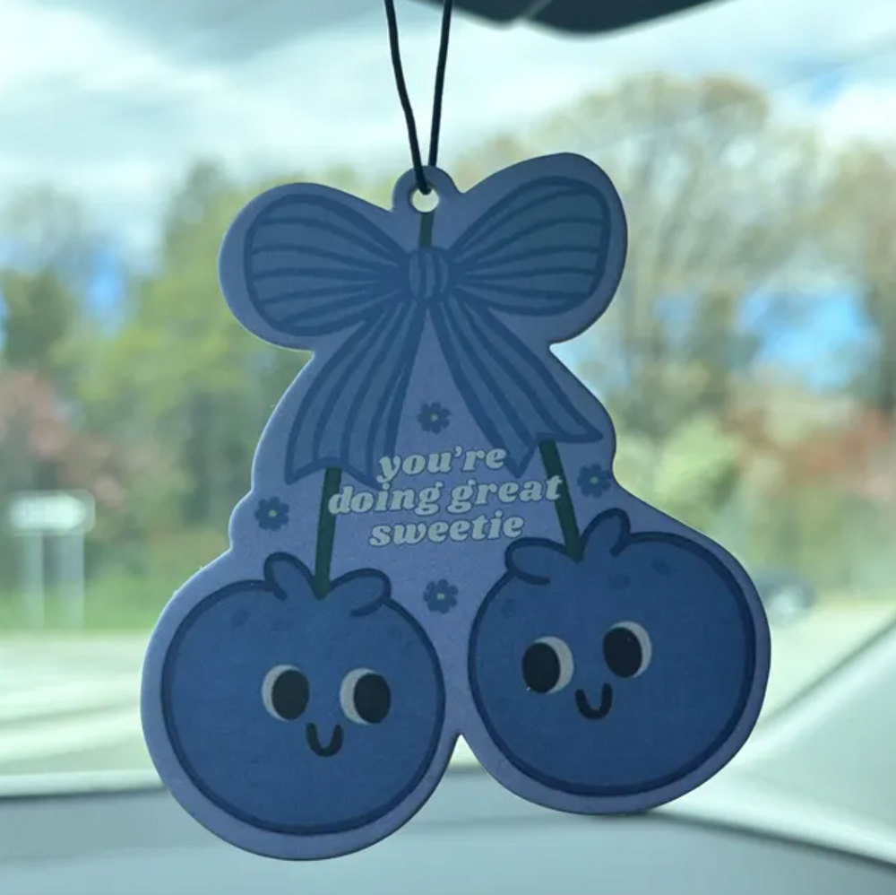 "What a lovely air freshener 🫐 extremely fast shipping. You can tell that the seller put a lot of care and love into packaging. Every time I step foot into my car it smells like there is a fresh blueberry pie in my vehicle lol thank you so much!"